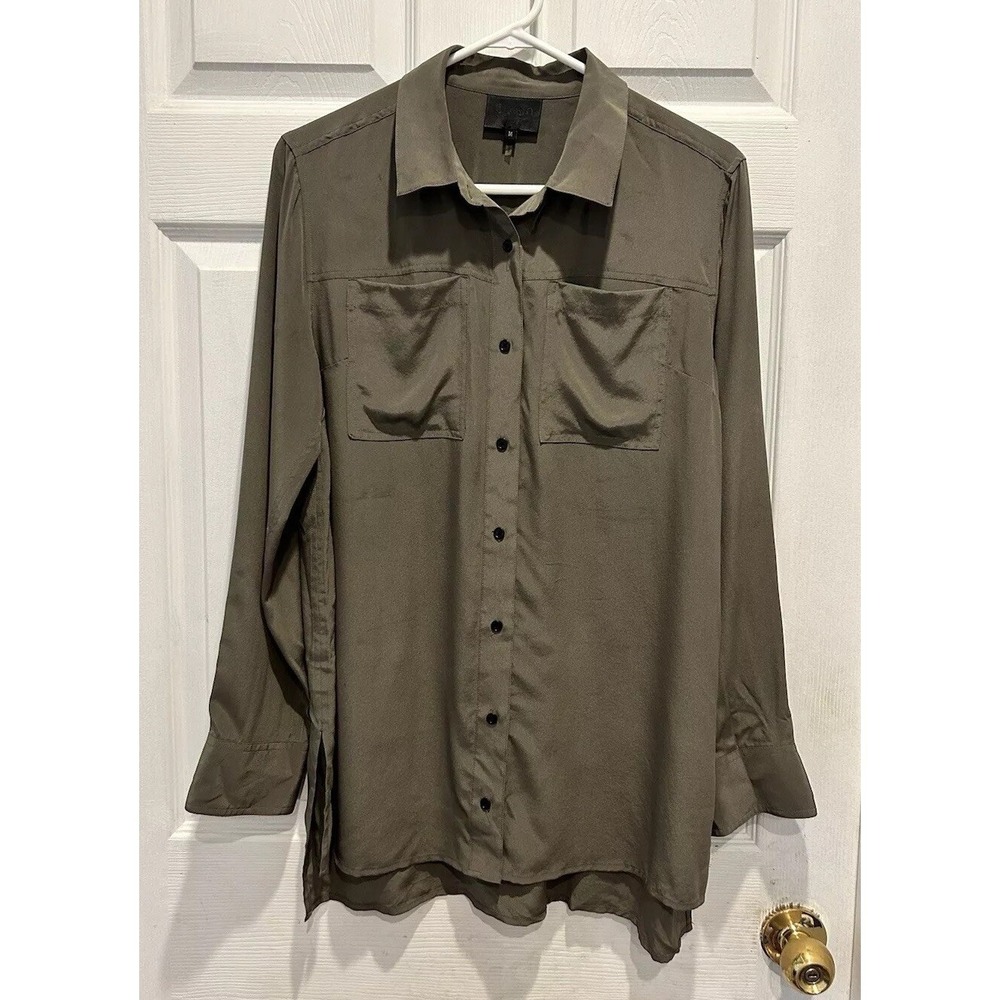 VTG Quinn Silk Button Down Shirt Olive Green Long Sleeve Pocket Women's Medium